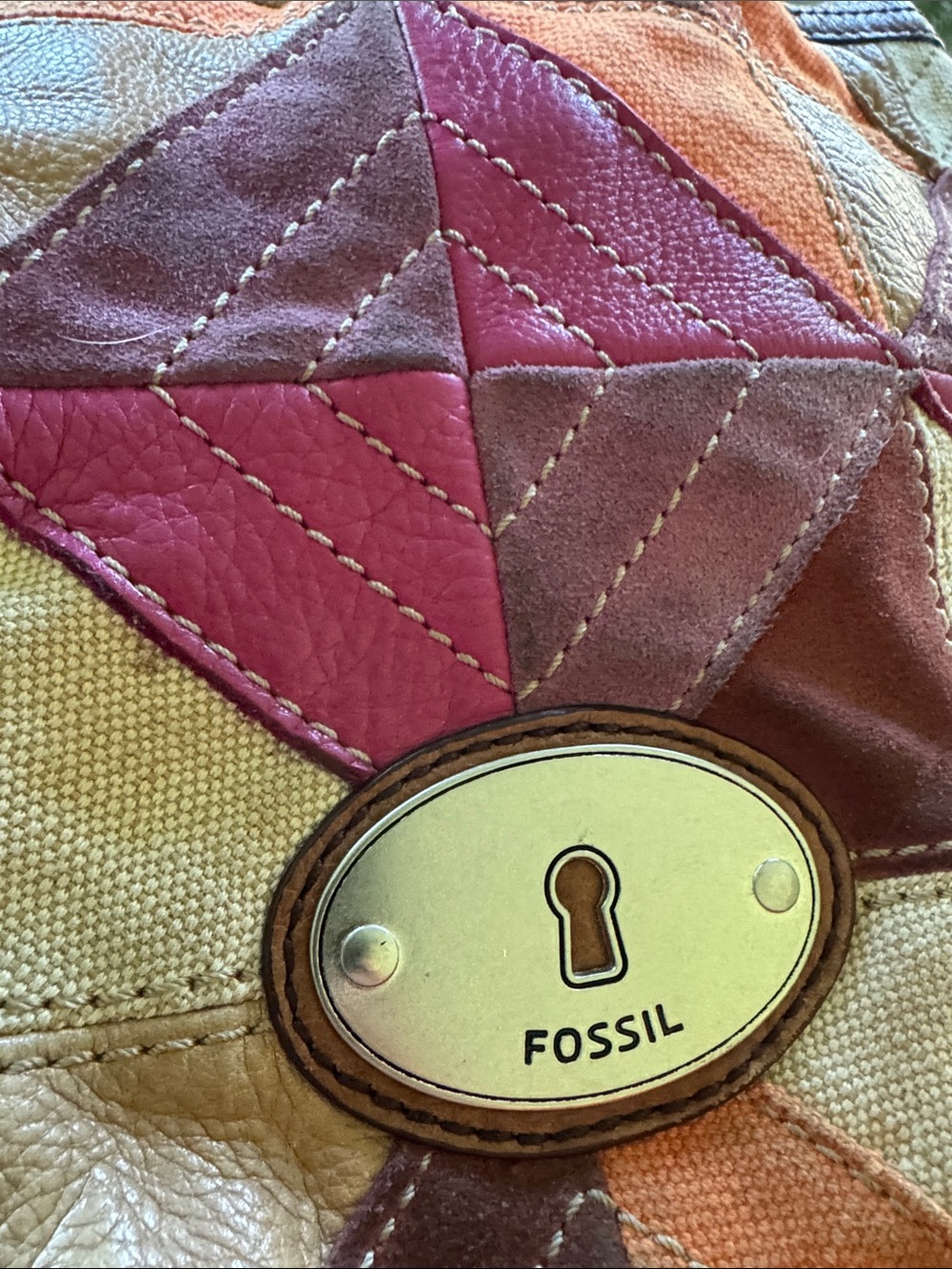 Fossil Patchwork Leather Canvas Shoulder Bag Boho Purse - Picture 6 of 13